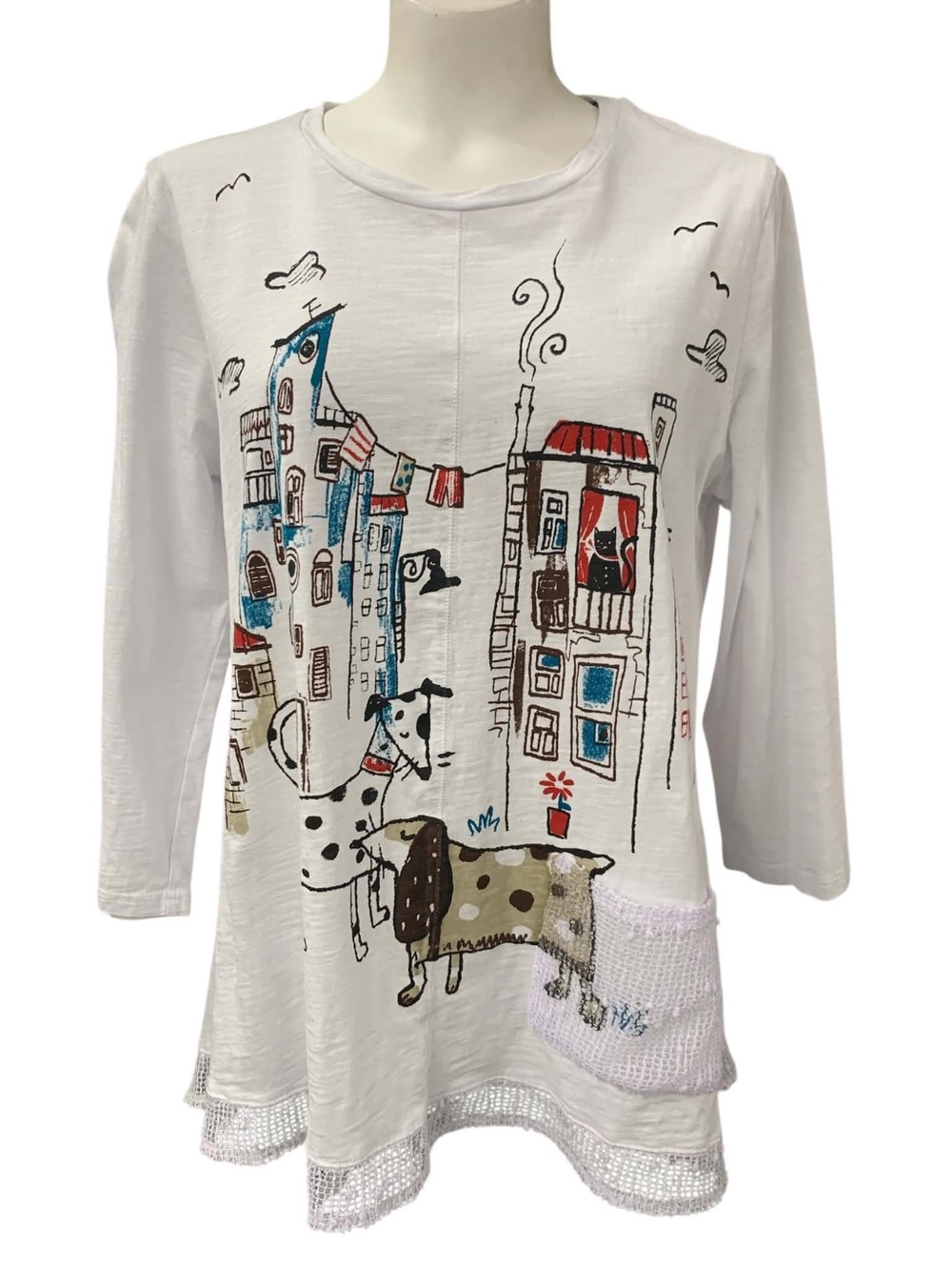 Kleio White Long Sleeve Graphic Tunic Top with Playful City & Dogs Design Size L